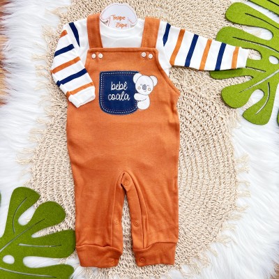 Conj. Body Manga Longa e Jardineira Bebê Coala - Ferrugem, Off White e Marinho